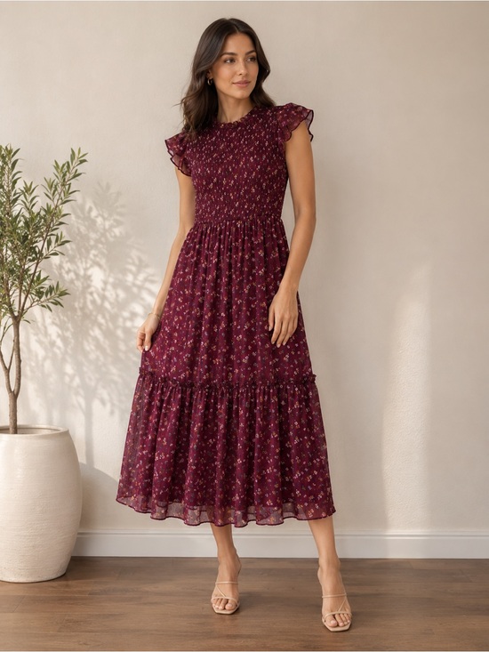 Zunie Dresses & Skirts - Zunie Burgundy Floral Smocked Midi Dress Girls Size 8